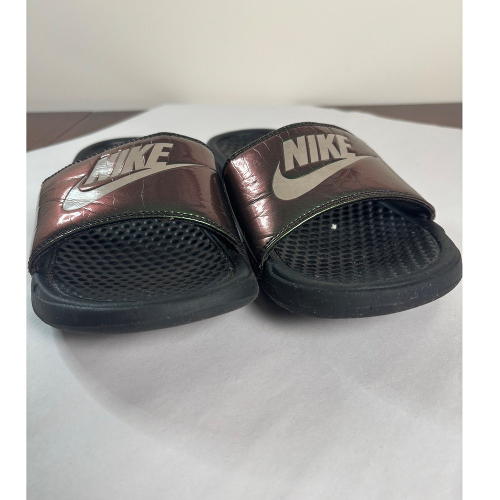 Nike Womens Benassi JDI Slides 6 Iridescent Green Black Logo Slip On Sandals - Picture 4 of 8